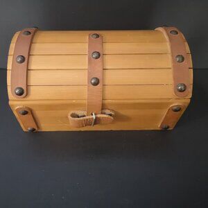 Vintage Wooden Decorative Treasure Chest 9" x 5" w/ Leather Strap Closure